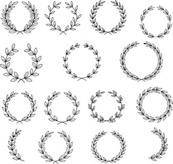 Obraz premium Collection of 15 laurel wreath decorative elements in black outline style for awards and design.
