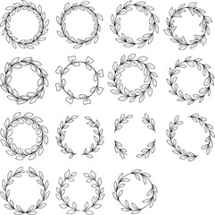 Fototapeta premium Set of 16 diverse black outline laurel wreaths and decorative leaf elements for graphic design.