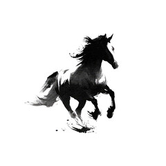 A dark horse gallops with flowing mane, partially lit against a stark black backdrop