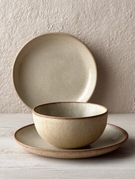 Elegant ceramic dishware set on textured surface