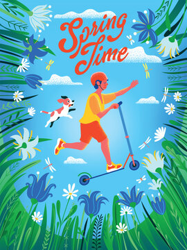 A boy on a scooter and his dog play in a spring meadow surrounded by bright wildflowers and grasses. Springtime's poster or banner. Handmade drawing vector illustration doodle cartoon.