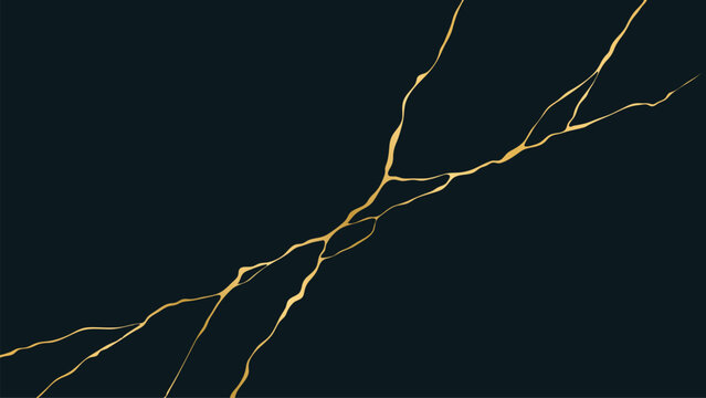 Gold vein crack on dark background. Kintsugi art concept with golden repair lines. Abstract texture for elegant banner.
