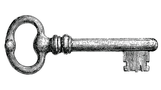 Black and white vintage illustration of a key, intricate details, isolated on white background