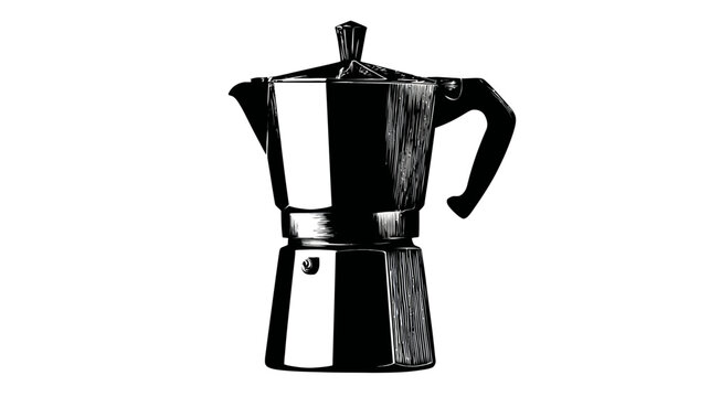 A black and white illustration of a coffee-making device, with a handle, spout, and lid