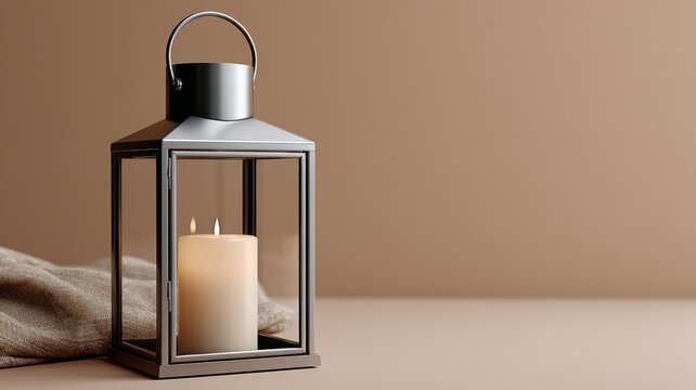 Minimalist metal lantern with lit candle on beige surface