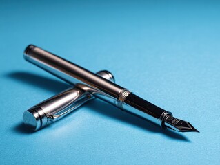 Fototapeta premium fountain pen silver isolated on a blue background