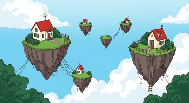 Floating Houses on Cliff Islands in Sky.