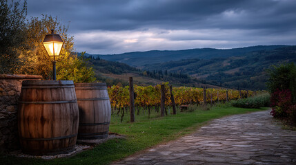 Obraz premium Rustic Vineyard Pathway with Wooden Barrels and Mountain View