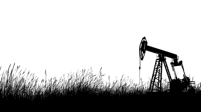 A silhouette of an oil pump jack on a field, grass swaying in wind, all against a white sky