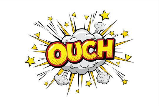 Comic style vector illustration of the word ouch surrounded by a cloud and stars, expressing pain or surprise in a cartoonish way with bold typography and vibrant colors.