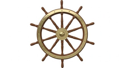 A vintage ship's steering wheel with a brass and wooden design