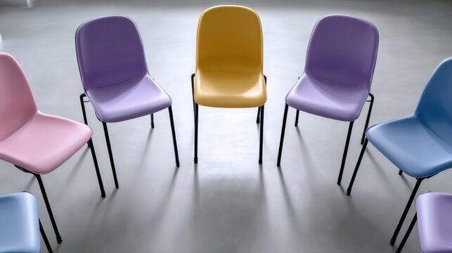Colorful chairs arranged in a circular formation with a yellow chair as the focal point, surrounded by pink, purple, and blue chairs on a light gray floor