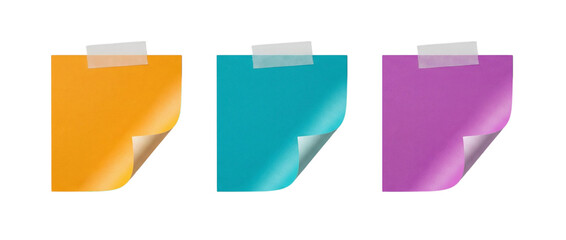 Set of Three Colorful Sticky Notes with Large Curled Corners and Clear Tape, Orange Cyan Purple Memo Pads, isolated on white and transparent background, PNG