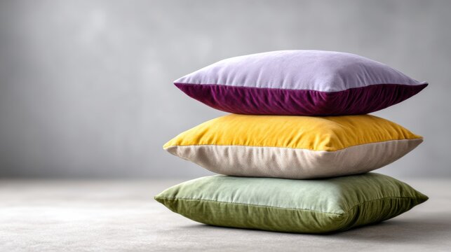 Three stacked decorative cushions in vibrant colors of purple, yellow, and green on a neutral background, showcasing soft textures and modern design elements