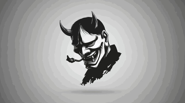 A black and white illustration of a Japanese demon face with horns, fangs, and a pipe against gray rings