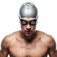 Swimmer with cap and goggles isolated on transparent background