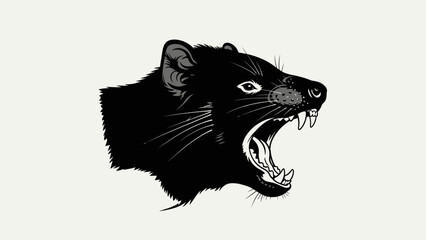 Fierce Tasmanian Devil Head, Aggressive Snarl, Sharp Teeth, Black and White Illustration