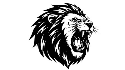 Fierce Lion Head Roaring Aggressively, Black and White Vector Illustration