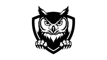 Fierce Owl Emblem Logo Design, Tribal Owl Head with Sharp Claws on Shield, Black and White Graphic