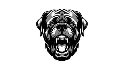 Fierce Rottweiler Dog Head, Aggressive Growl, Bared Teeth, Black and White, Vector Art