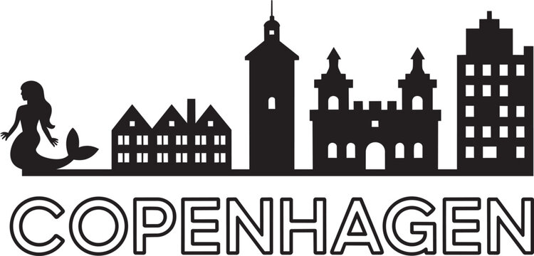 Copenhagen city skyline silhouette icon featuring mermaid statue and historic danish buildings