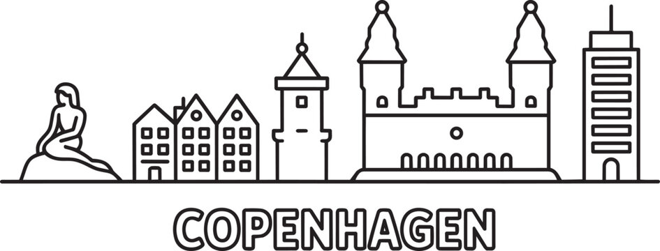Copenhagen skyline line art illustration with mermaid statue and traditional houses in denmark