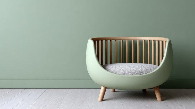 Modern green baby crib in minimalist nursery interior