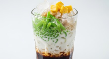 A Close-Up Shot of a Refreshing Bowl of Cendol Dessert Topped with Ice Cubes and Tropical Fruit