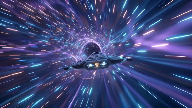 3D rendering futuristic spacecraft entering hyperspace wormhole, accelerating glowing, twisting tunnel blue, purple neon light streaks. tunnel distort around ship, simulating warping of space-time