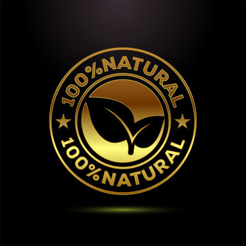 Golden one hundred percent natural label with leaf silhouettes for product care