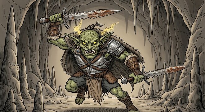 Fantasy Orc Warrior in Dark Cave.