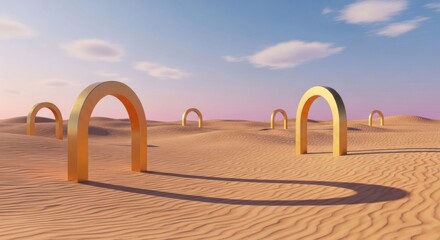 Obraz premium Surreal desert landscape with golden arches and soft pastel sky