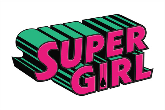 3D supergirl text graphic design with pink letters and green striped background illustration for superhero logos and branding materials usage