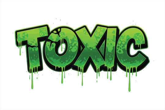 Bold green graffiti style vector illustration of the word toxic with dripping paint effect and biohazard splatters on a clean white background for design use