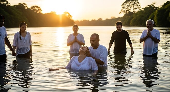 Group Baptism Ceremony in River at Sunset.