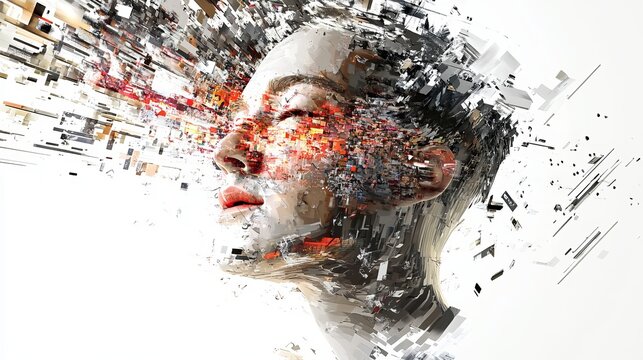 A woman's face is fragmented and pixelated in a digital art style