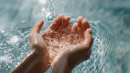 Cupped hands catching clear pool water, soft sunlight glinting on ripples, droplets suspended mid-air, close-up on skin texture, teal tones, meditative wellness