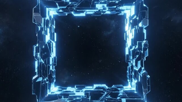 Abstract futuristic glowing blue cube portal in deep space with stars