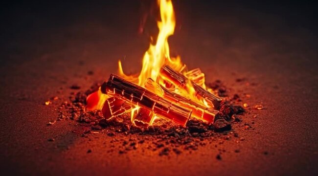 Burning campfire wood logs glowing with orange flames and red hot embers on a dark textured ground