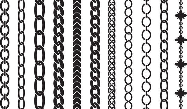 Chain seamless brushes. Twisted braided silhouette links, jewelry borders, fashion apparel patterns. Repeat necklace stripes, bracelet stencil dividers. Vector isolated set