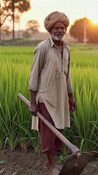Senior Indian farmer standing in a green agricultural field holding a traditional hoe tool during sunset representing rural lifestyle and traditional farming practices in India
