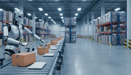 Humanoid robot working on conveyor belt in modern warehouse interior