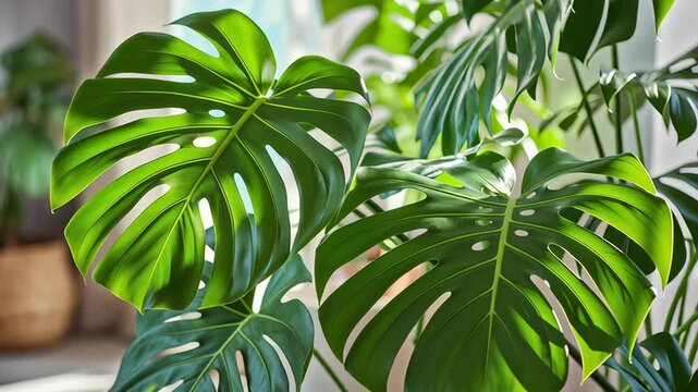 Close up of fresh monstera leaf in bright modern interior with soft natural sunlight