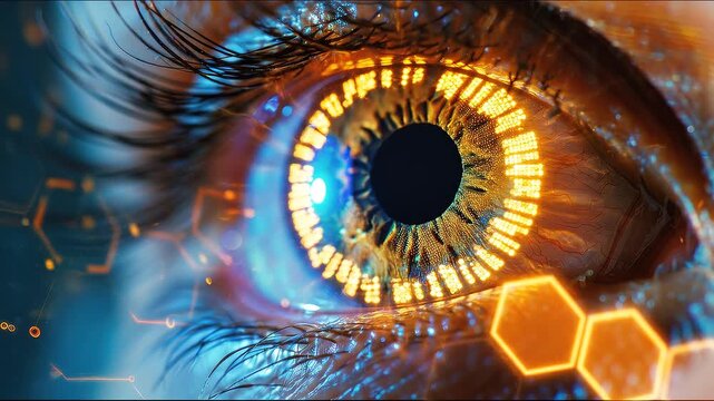 Extreme close up of a futuristic cybernetic eye with glowing digital iris and augmented reality hexagonal HUD interface