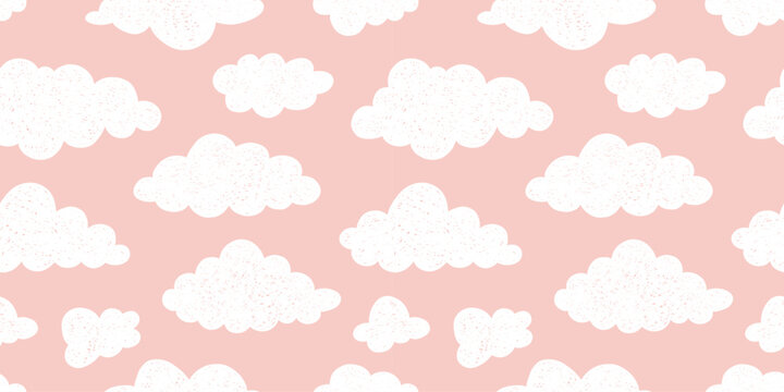 Seamless clouds abstract pattern with pink background. Summer or spring texture. Simple light monochrome, cloud dancer. Surface pattern design. Wallpaper, print, fabric, doodle. Crayon  illustration.