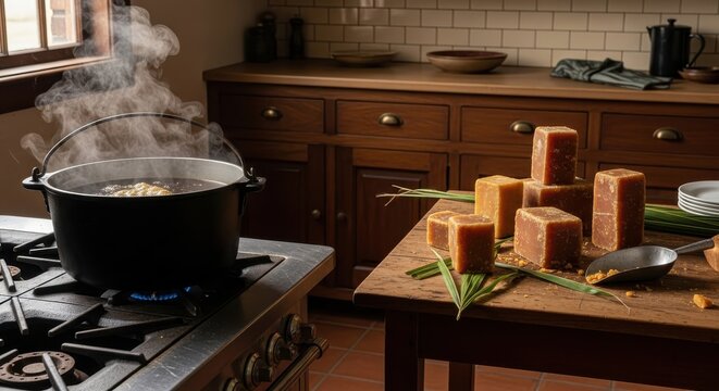 Steaming Pot on a Stove Next to Piloncillo Sugar Cones and Green Stalks on a Wooden Table in a Rustic Kitchen