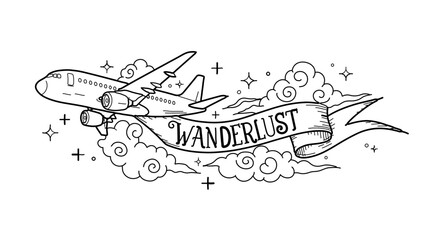 A minimalist vector illustration of an airplane with a wanderlust banner in a whimsical design