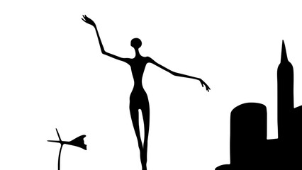 A minimalist vector graphic illustration of a dancer in a cityscape silhouette