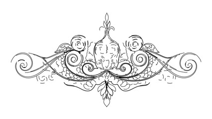 A delicate black and white vector graphic of an ornate floral design with swirling patterns and leaves