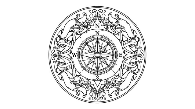 A minimalist vector graphic of a compass surrounded by ornate floral designs